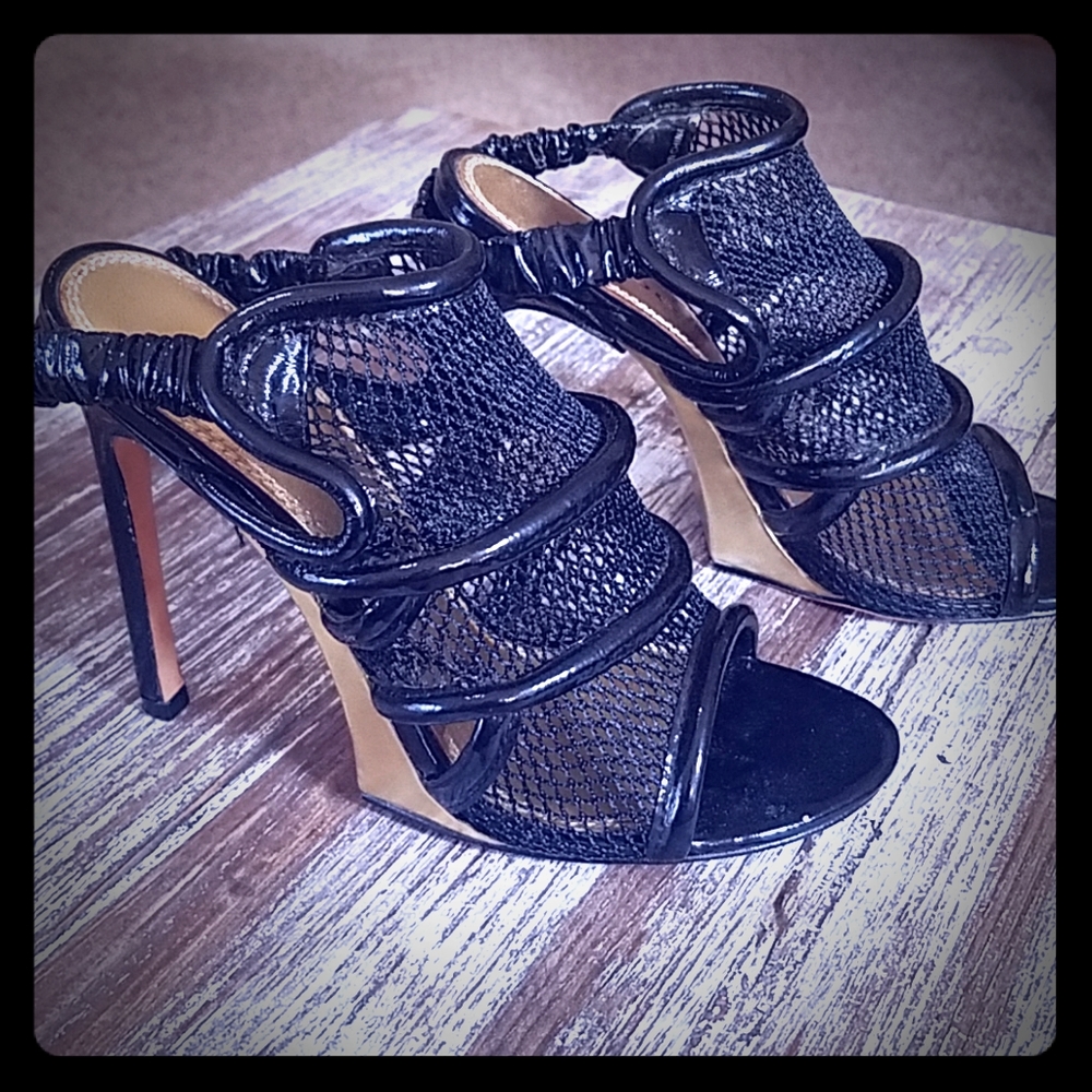 Bebe Black Patent Mesh Slingback Open Toe Heels 6M